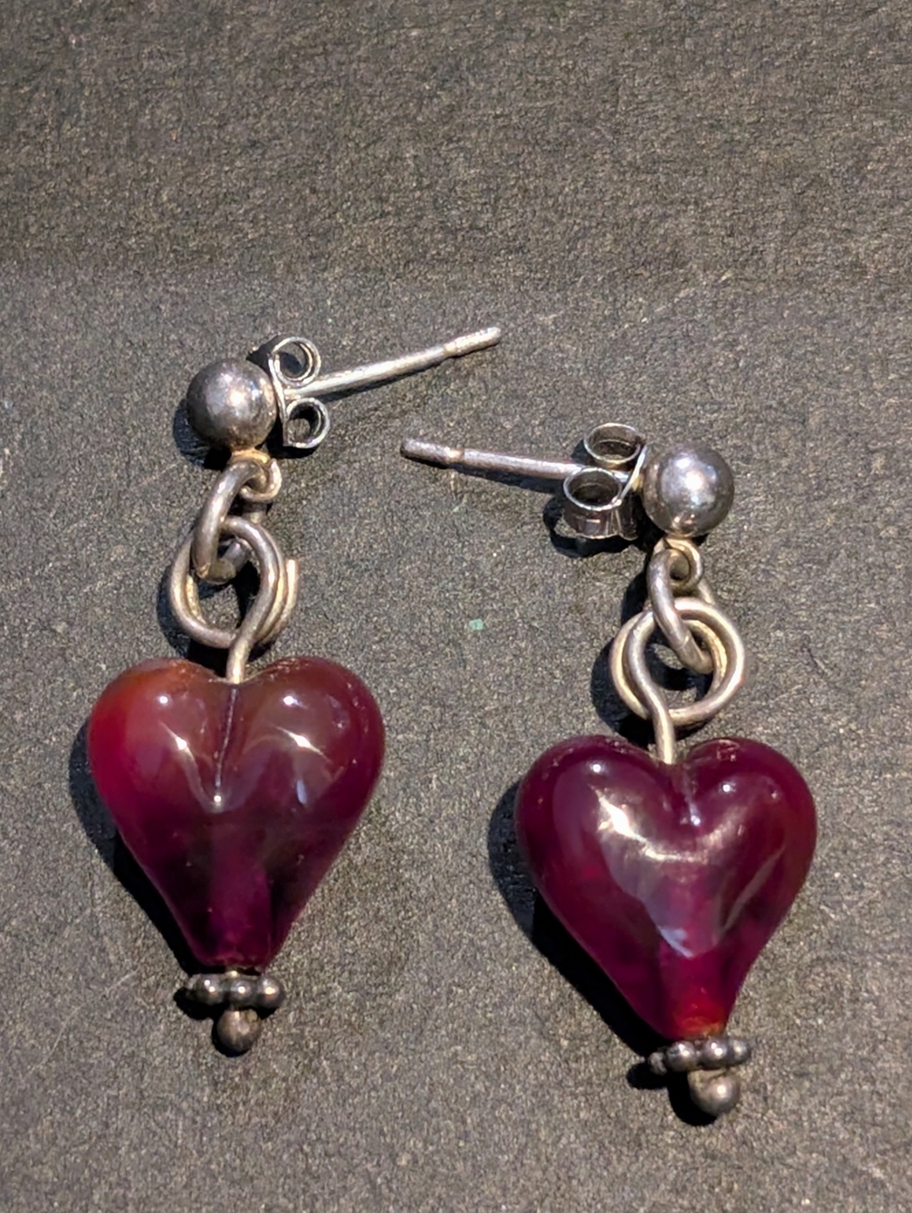 Vintage Ruby Red Blown Glass and Silver Heart Shape Dangle Earrings